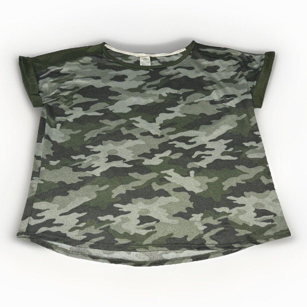 Lucky Brand Womens Camo Print Short Sleeve Top Green Camouflage Shirt Size XL
